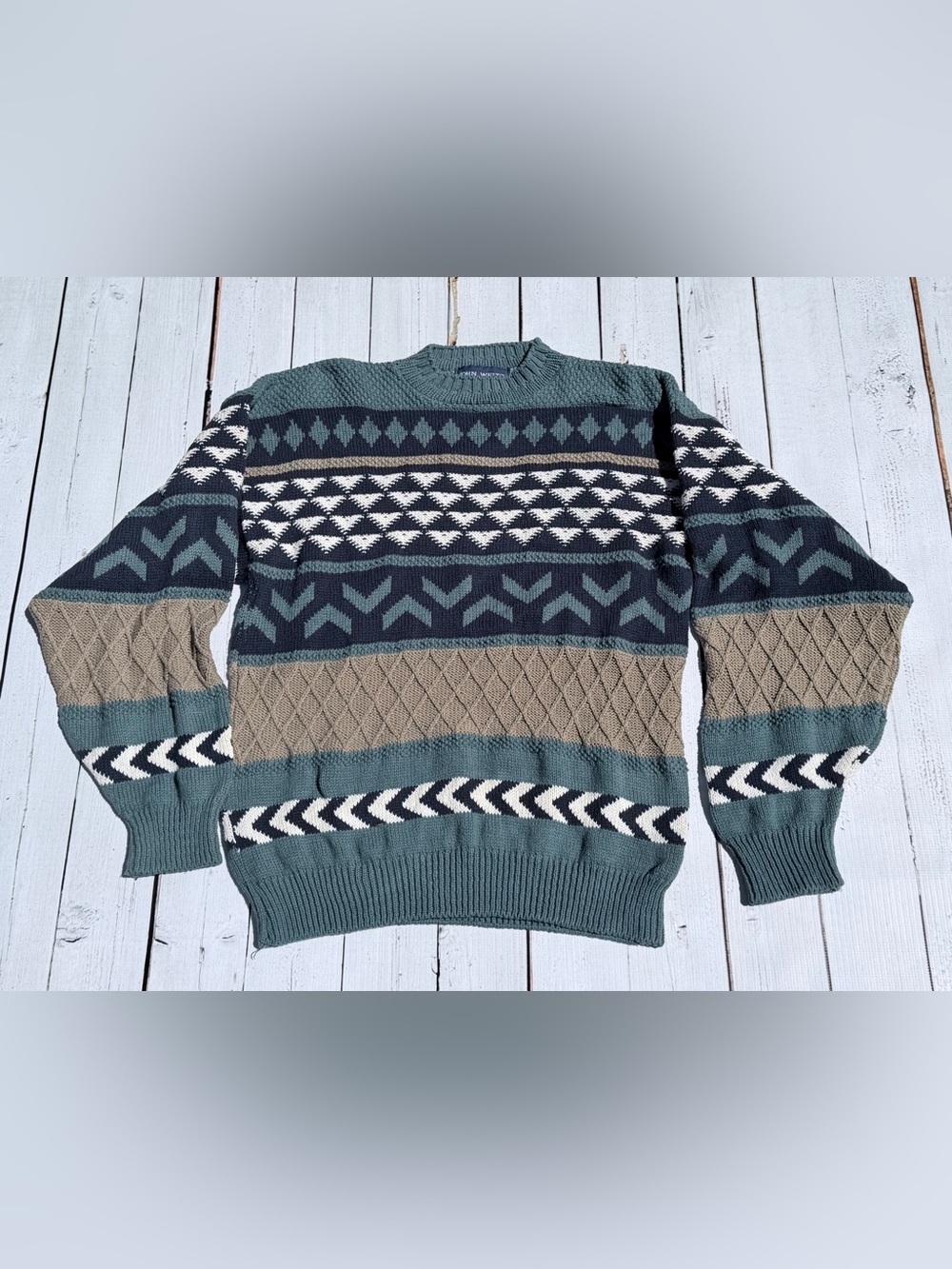 Vintage John Weitz Geometric Knit Crewneck Sweater Retro Abstract Pattern - XL - Picture 2 of 4